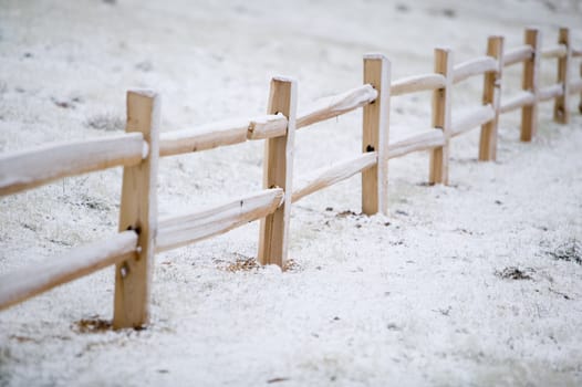 New cedar split rail fence, shot on a winter morning, under a sunless sky.