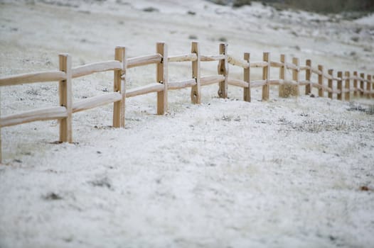 New cedar split rail fence, shot on a winter morning, under a sunless sky.