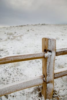 New cedar split rail fence, shot on a winter morning, under a sunless sky.