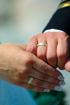 Wedding rings and hands. The bride and groom is holding hands and showing their rings.