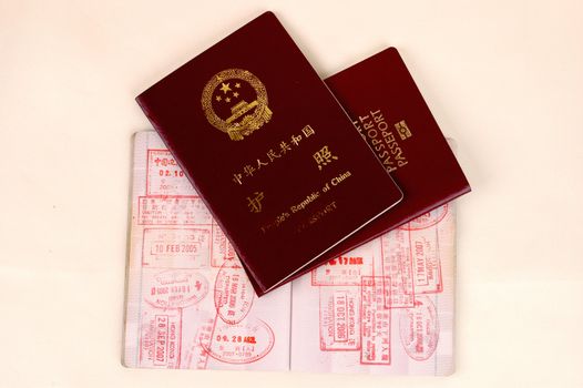 Travelling documents, passports full of stamp from China and Hongkong border.