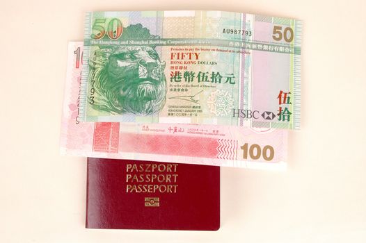 European passport, Chinese passport, stamps from Hongkong and China borders together with Hongkong dollars banknotes.