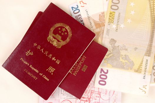 Chinese passport, European passport together with Euro money.