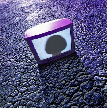 CRT monitor on a dry lakebed with silhouette of a person on the screen.