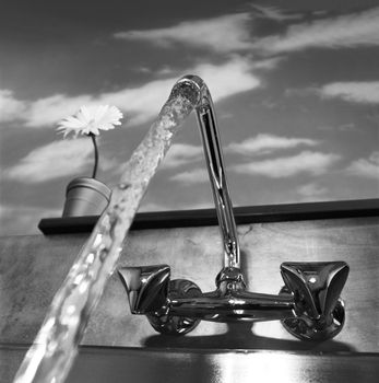 Water flowing from a faucet with a flower pot on the windowsill.