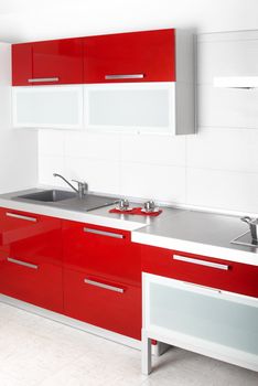 Modern red professional kitchen, and eqipment