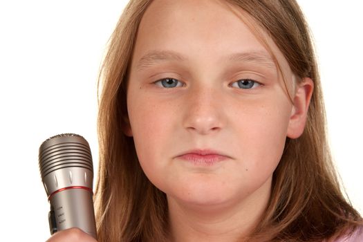 unhappy young girl with microphone isolated on white