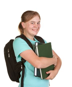 teenage girl ready for college on white background