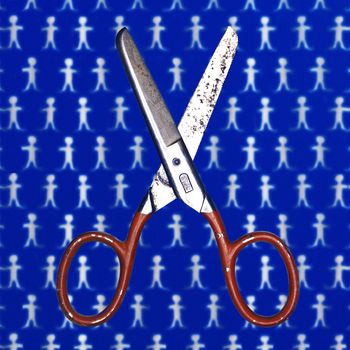 Antique saftey scissors floating over a background of paper dolls. The dolls aren't a small as they look, I shrunk em.