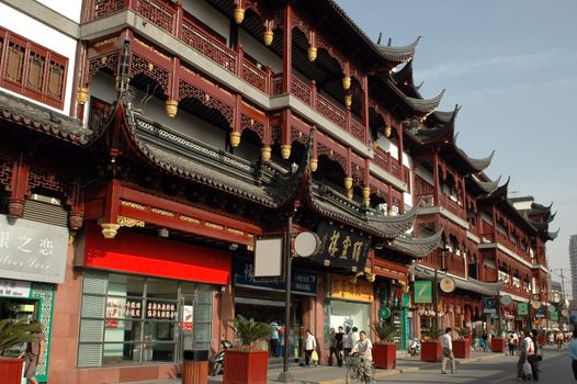 China, Shanghai city. Traditional, ancient Chinese architecture, made of wood. Pagoda in old town called YuYuan (Cheng Huang Miao).