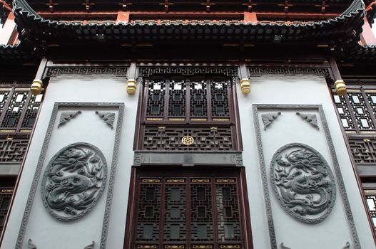 China, Shanghai city. Traditional, ancient Chinese architecture, made of wood. Pagoda in old town called YuYuan (Cheng Huang Miao).