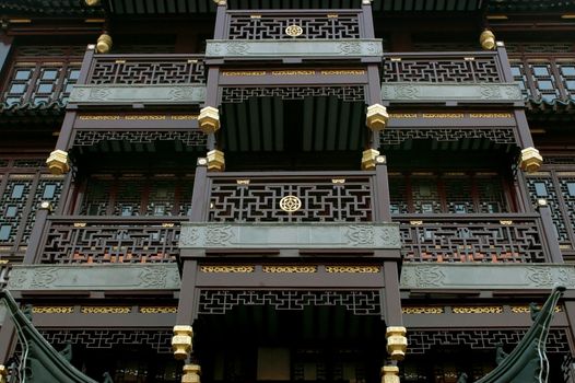 China, Shanghai city. Traditional, ancient Chinese architecture, made of wood. Pagoda in old town called YuYuan (Cheng Huang Miao).