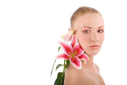 Head of young attractive woman with lily on isolated background