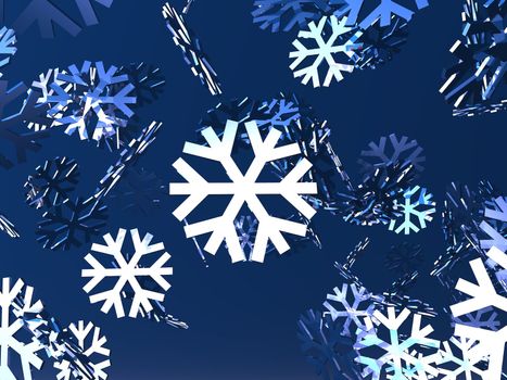 An illustration of crystal snowflakes falling on a blue abckground.