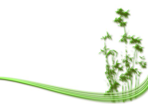 Abstract bamboo illustration with green wind on white background.