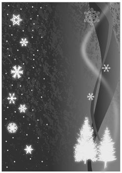 Christmas illustration of glowing snowflakes and stars with abstract snow drifts and blowing snow on white.
