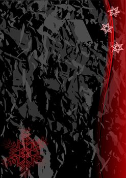 Christmas illustration of glowing red snowflakes and trees  on a black marble like background.