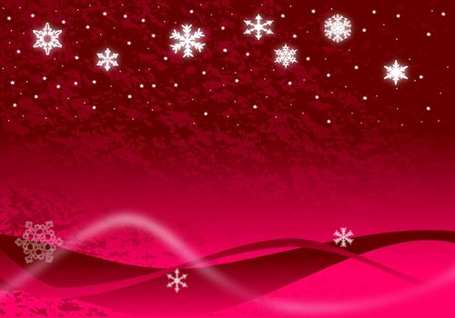 Christmas illustration of glowing snowflakes and stars with abstract snow drifts and blowing snow on red.
