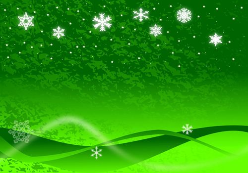 Christmas illustration of glowing snowflakes and stars with abstract snow drifts and blowing snow on green.