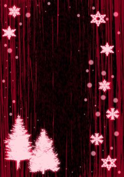 Christmas illustration of glowing red snowflakes and trees.