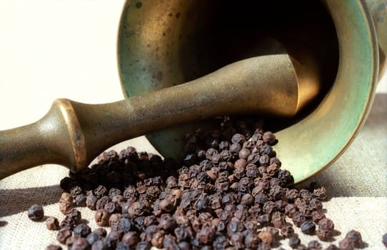 Pepper, pounder and pestle in macro