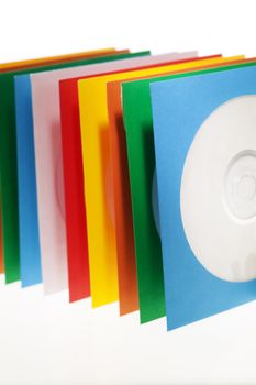 Multiple disc sleeves, standing on a clean background with a disc showing in the first window.