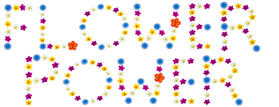 The words flower power made of bright flowered candles, isolated on a white background