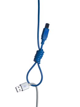A white USB connection being hang on a gallows�s rope made out of a blue USB wire over a white background.