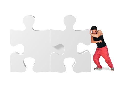 metaphor picture showing a guy moving puzzle pieces, applicable to several concepts