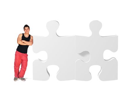 metaphor picture showing a guy moving puzzle pieces, applicable to several concepts