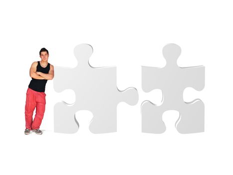 metaphor picture showing a guy moving puzzle pieces, applicable to several concepts