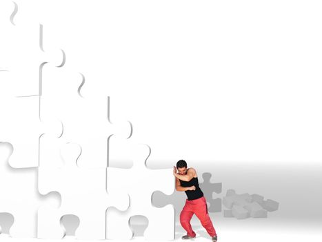 metaphor picture showing a guy moving puzzle pieces, applicable to several concepts