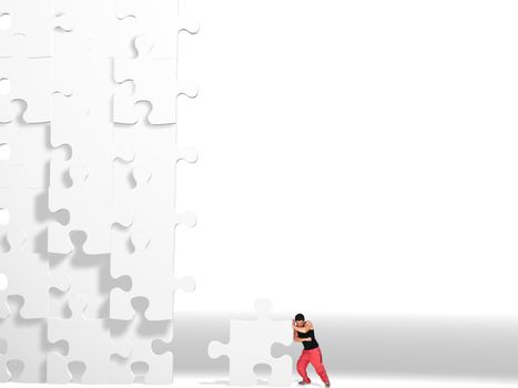 metaphor picture showing a guy moving puzzle pieces, applicable to several concepts