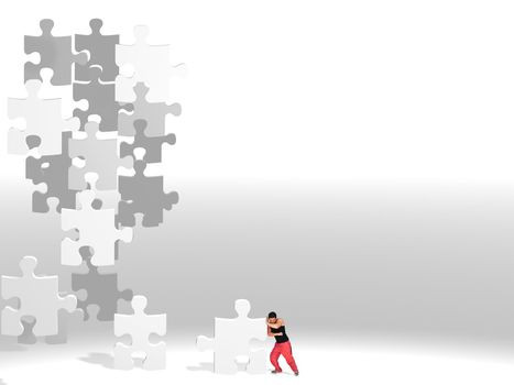 metaphor picture showing a guy moving puzzle pieces, applicable to several concepts