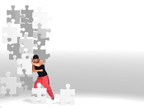 metaphor picture showing a guy moving puzzle pieces, applicable to several concepts