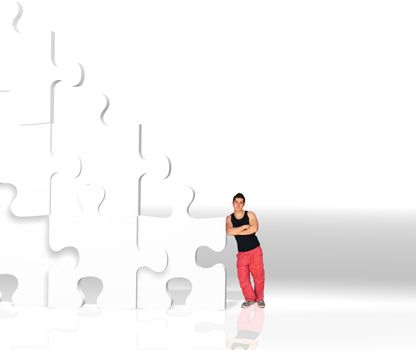 metaphor picture showing a guy moving puzzle pieces, applicable to several concepts