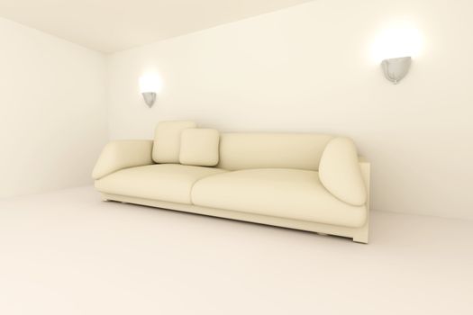 3D rendered Interior. A Sofa in a beige room.