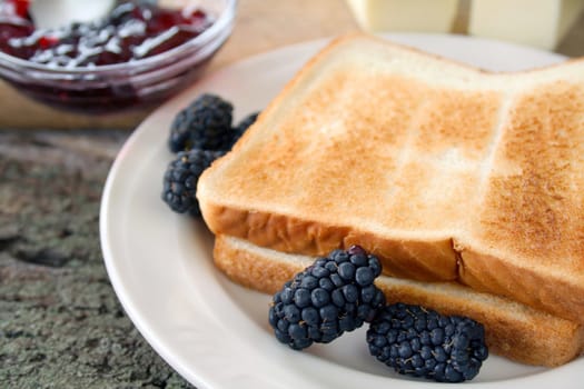 Fresh blackberries and blackberry jam with toast and butter. Used a shallow DOF on the berries and edge of toast.