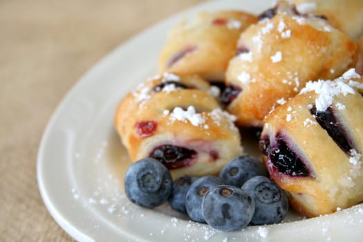 Blueberry pastry with powder sugar and fresh blueberries.