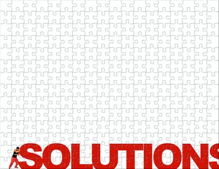 young man and solutions text in a puzzle background