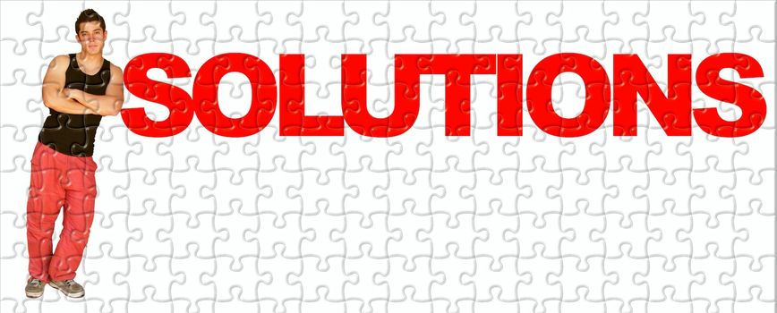 young man and solutions text in a puzzle background