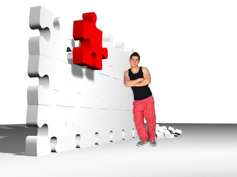 metaphor picture showing a guy moving puzzle pieces, applicable to several concepts