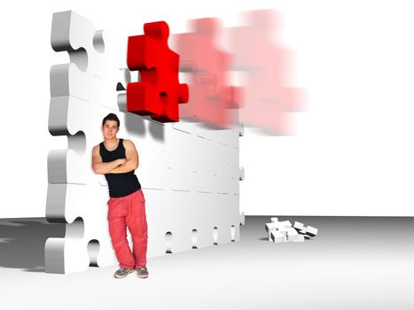 metaphor picture showing a guy moving puzzle pieces, applicable to several concepts