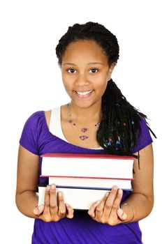 Isolated portrait of black teenage girl holding text books