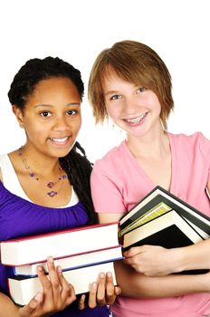 Isolated portrait of black teenage girl holding text books