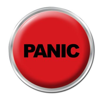 Red round button with the word Panic