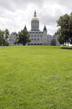 Thie golden-domed capitol building in Hartford, Connecticut.