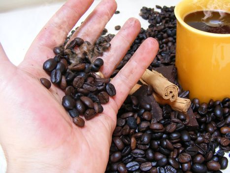 coffee cup with beans,chocolate and cinnamon