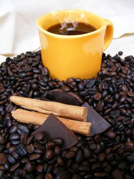 coffee cup with beans,chocolate and cinnamon