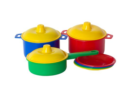 Children's toy dishes, isolated on a white background.